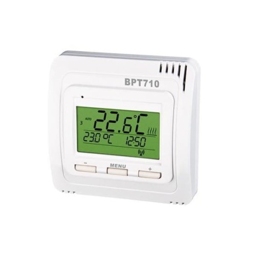 Termostat bezprzewodowy BT710 to nowoczesny termostat, który pozwala na stworzenie tygodniowego (siedmiodniowego) programu z aż sześcioma zmianami temperatur w ciągu dnia. Posiada zasięg na poziomie około 35 metrów.