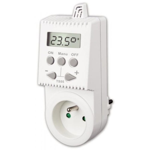 Termostat gniazdkowy TS05 przeznaczony jest do elektrycznych systemów grzewczych – konwektorów, grzejników, drabinek czy płyt grzewczych.