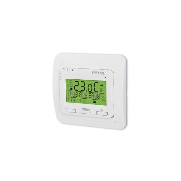 Termostat przewodowy PT712 to urządzenie przeznaczone do sterowania ogrzewaniem podłogowym. Posiada 2 tygodniowe programy, każdy z sześcioma zmianami temperatur na dobę oraz podświetlany, nowoczesny wyświetlacz.